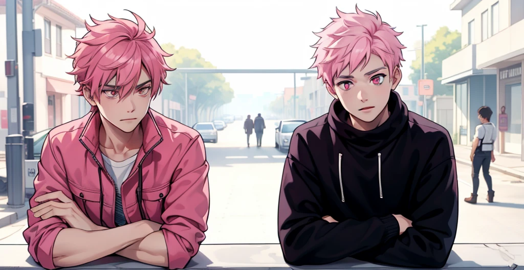 two boys with pink hair, pink eyes, they are 18 years old, in the background you can see the avenue with vehicles passing by.