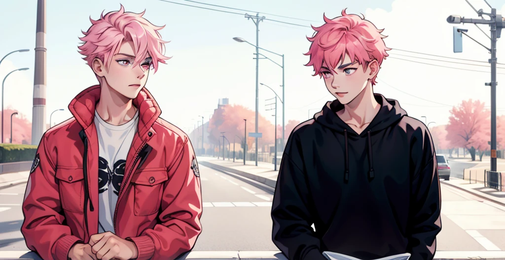 two boys with pink hair, pink eyes, they are 18 years old, in the background you can see the avenue with vehicles passing by.