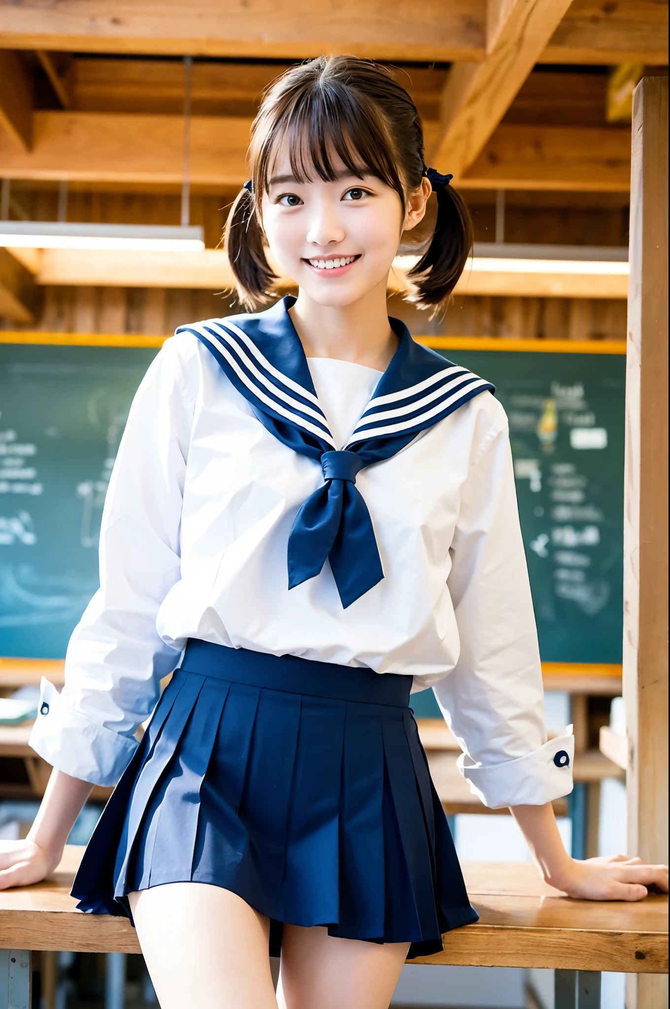 girl taking off blue skirt in sunny wooden school classroom,white sailor shirt,white panties,18-year-old,bangs,a little smile,thighs,knees,short hair with low pigtails bunches,from beside,front light