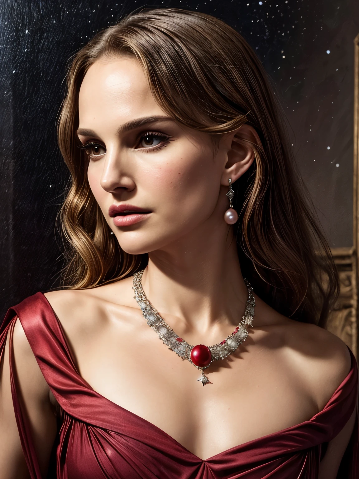 Natalie Portman, Oil painting, Renaissance, Leonardo da Vinci, model, modern style, modern clothing, pop star, cool, short hair red color pearl necklace, earrings, modern makeup, red lipstick, Starry night, dress with black stars, ring, defined strokes  