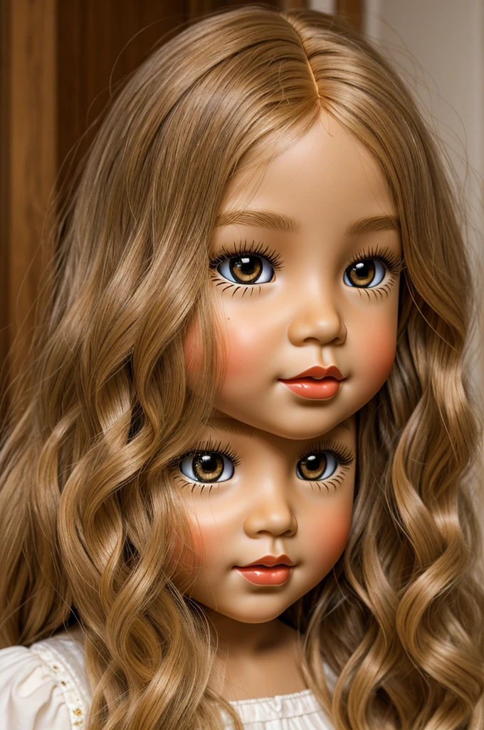 Young girl with tan skin, very long curly golden blonde hair, small nose, big red lips, long eyelashes and doll face 