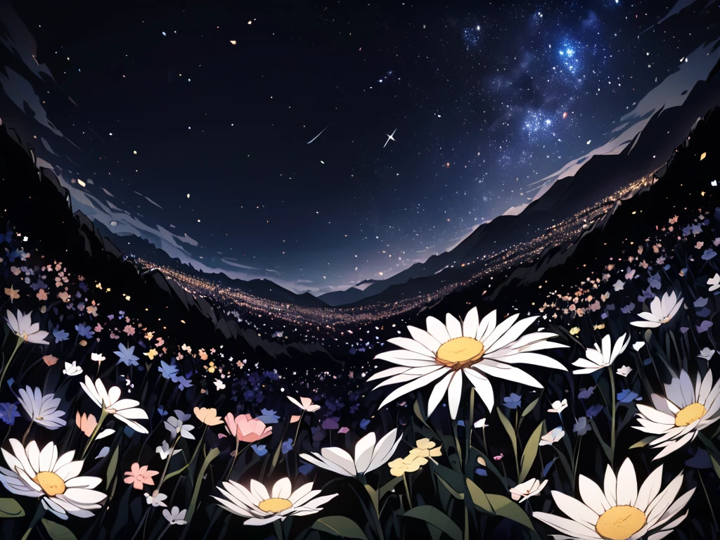 Close-up of the flower field at the bottom, Lots of flowers, Starry sky above, Midnight, No light, Bluish, Completely dark surroundings, Pitch black, Fantasy feeling