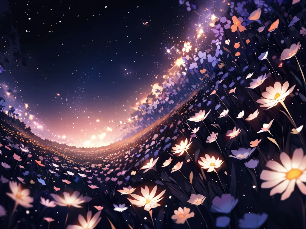 Close-up of the flower field at the bottom, Lots of flowers, Starry sky above, Midnight, No light, Bluish, Completely dark surroundings, Pitch black, Fantasy feeling