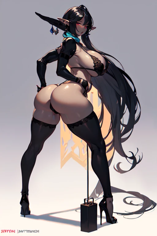 (Girl 1),(elf:1.5),(Extremely tasty and delightful), (slender young bodyExtremely hot and delightful), (slender young body), (Super Beautiful Young Appearance), (Height 1.68),(Slender Body), (Black skin color:1.5),(huge breasts:1.5),(huge ass Black skin color:1.5),(huge breasts:1.5),(huge ass:1.5), (Dark Elf:1.5),(wearing),+,(Wearing a super sexual thong bra and a super sexual thong panties) 