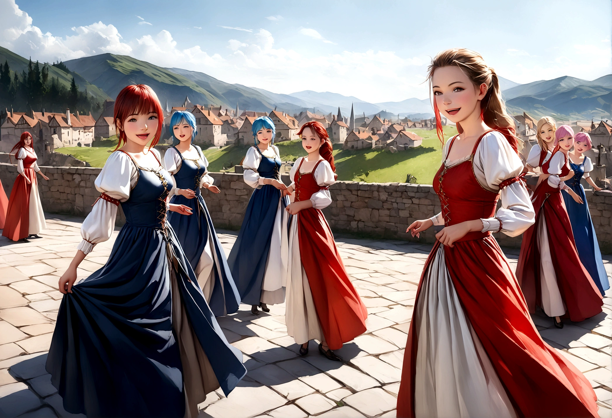 (((Top quality, 4k, 8k, high resolution, masterpiece: 1.2))), (super detailed), (realistic), (photorealistic), (photorealistic: 1.37), (HDR, UHD), (studio (lighting)), ultra-fine drawing, sharp focus, physically based rendering, highly detailed, professional, vibrant colors, perfect ditaile hand, highly detailed realistic eyes, girl, one girl, multiple girls, A lot of girls,  smile, open mouth, close mouth, short hair, medium hair, medium length, long hair, ponytail, red hair, blue hair, blonde hair, green hair, pink hair, medieval European clothing, Citizen's Clothing from Medieval Europe, miniskirt, mid-length skirt, long skirt, chinos pants, (((Dancing Girls,))), Medieval European town, Countryside, Medieval European rural village, Rural grassland, Mountain view, Rural river, Irrigation canal, anime, cartoon, kawaii, qute, (((Long shot, Panorama, Distant view, Vast landscape))), knees, feet,  looking at viewer, 