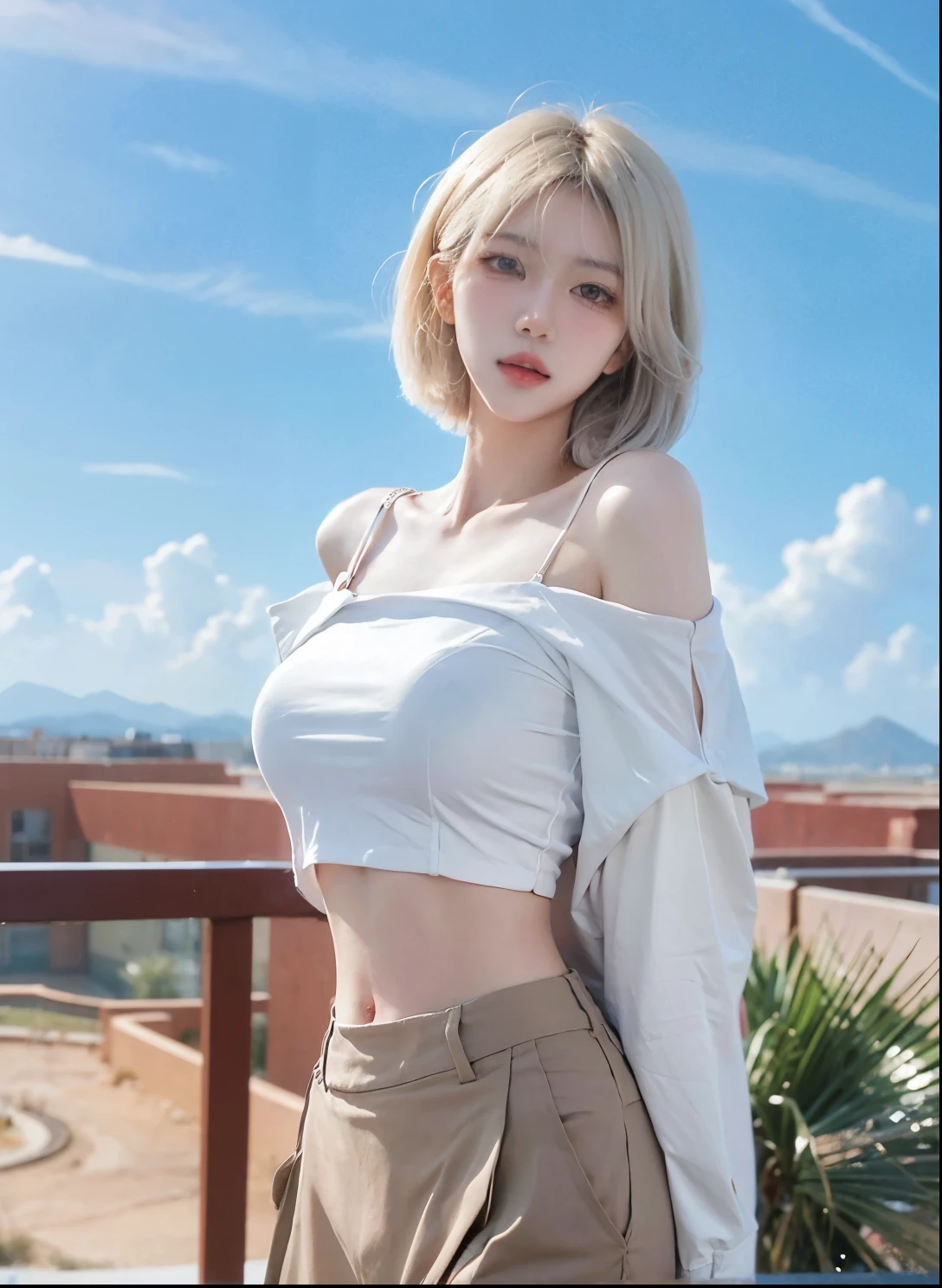Beautiful woman with perfect figure:1.4，Desert Background，Desert Background，Ultra-high resolution，Seductive laughter，wear glasses，（lifelike：1.4），Layered Hairstyle，White皮肤，Super short pleated skirt，whole body，Very delicate face and skin texture，Double eyelids，Skin Whitening，Long hair，White hair，White，