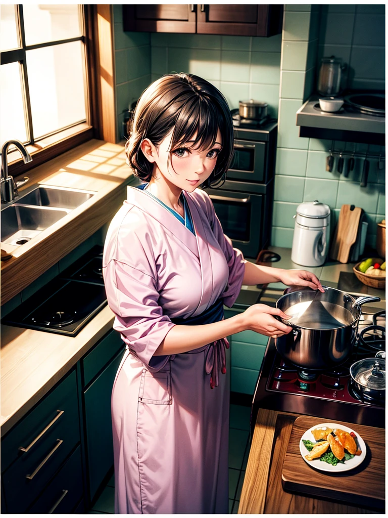 Highest quality,Highest Resolution,Middle-aged woman doing housework,kitchen,Japanese,Aunt,cooking,pot,