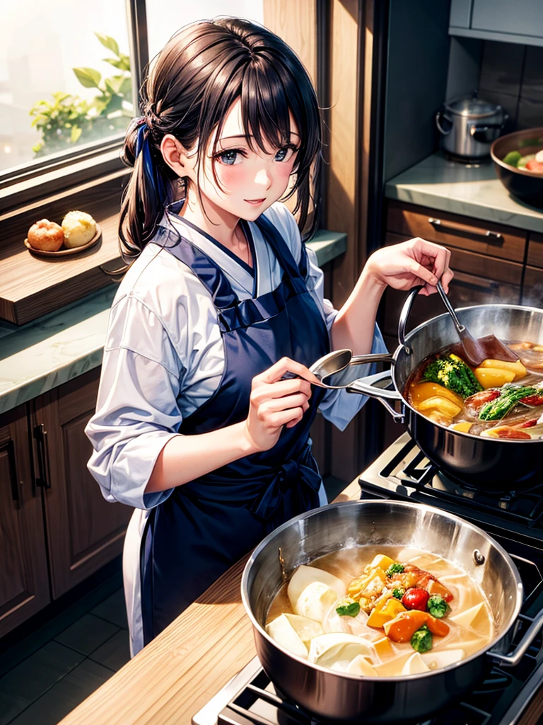 Highest quality,Highest Resolution,Middle-aged woman doing housework,kitchen,Japanese,Aunt,cooking,pot,