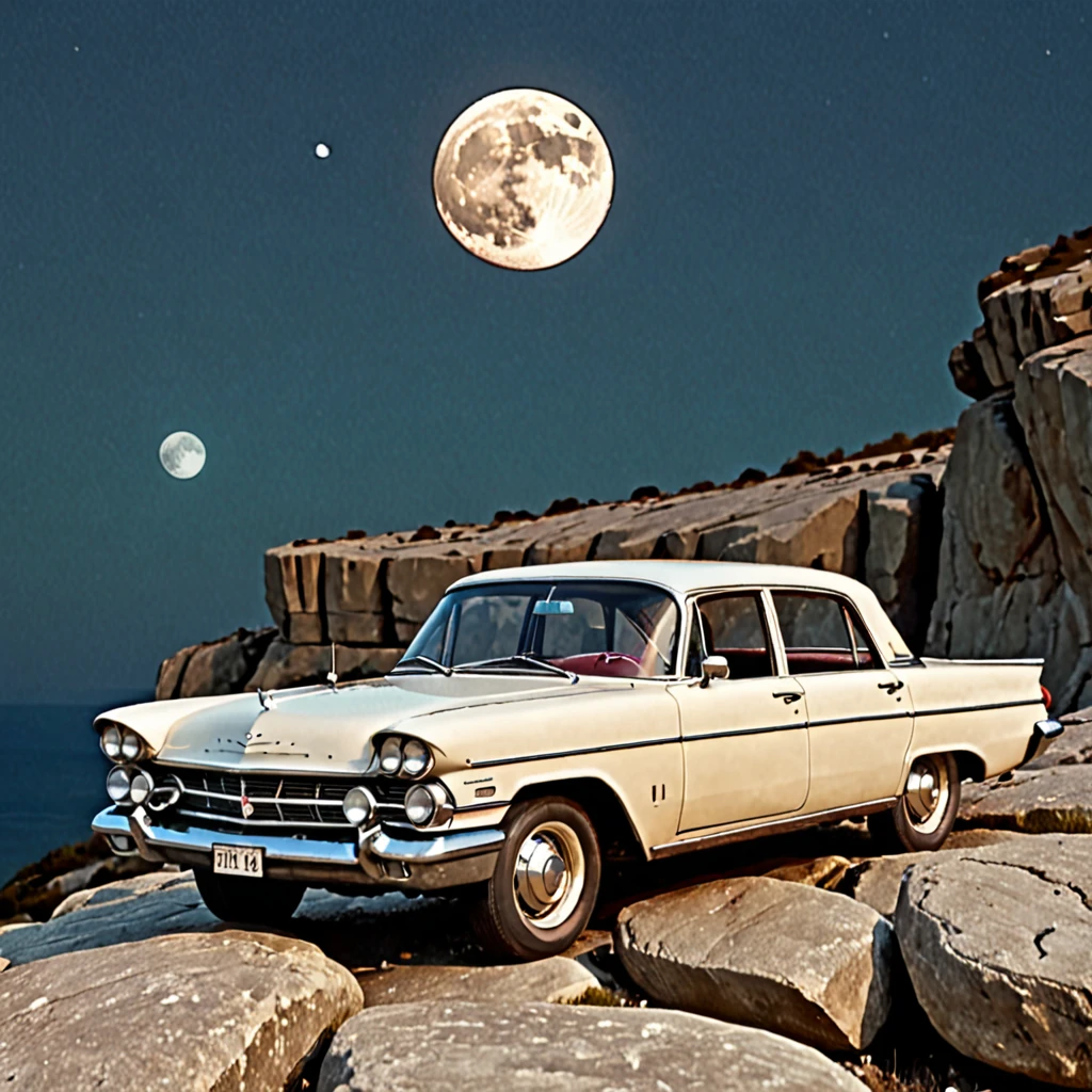 Classical car on the rock front supermoon retro