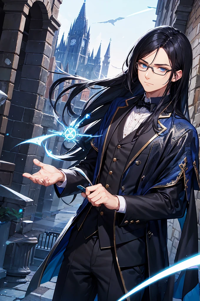 Man with glasses, magician with long black hair, dark blue eyes, wears black magician clothes, young magician, intellectual, cold personality, medieval city background.