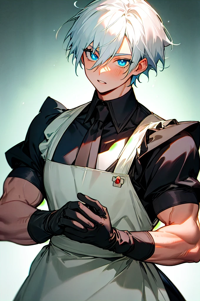  1boy, Gojo Satoru, blue eyes, detailed pupils, colored eyelashes, hair between eyes, white hair, short hair, parted lips, muscular, cute maid dress, black apron, gloves, glow, Absurdres, Intricate Details, Masterpiece, Best Quality, High Resolution, 8k 