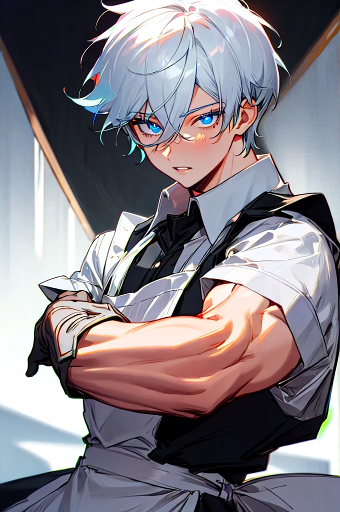  1boy, Gojo Satoru, blue eyes, detailed pupils, colored eyelashes, hair between eyes, white hair, short hair, parted lips, muscular, cute maid dress, black apron, gloves, glow, Absurdres, Intricate Details, Masterpiece, Best Quality, High Resolution, 8k 