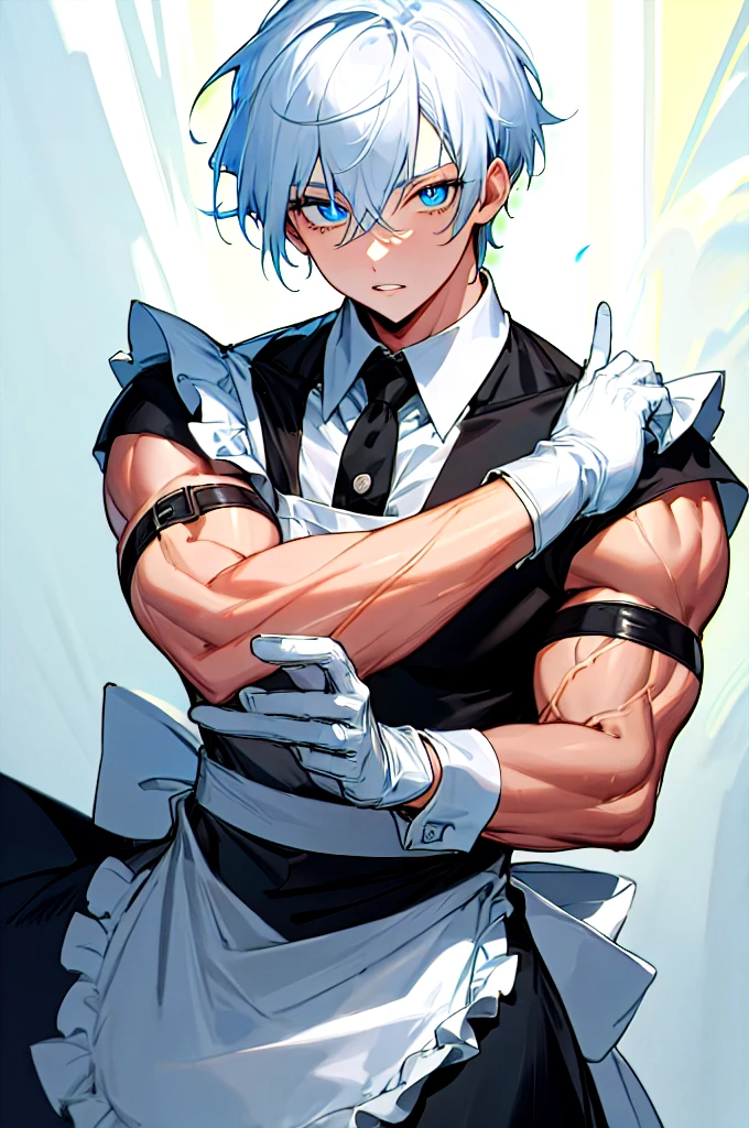 1boy, Gojo Satoru, blue eyes, detailed pupils, colored eyelashes, hair between eyes, white hair, short hair, parted lips, muscular, cute maid dress, black apron, gloves, glow, Absurdres, Intricate Details, Masterpiece, Best Quality, High Resolution, 8k 