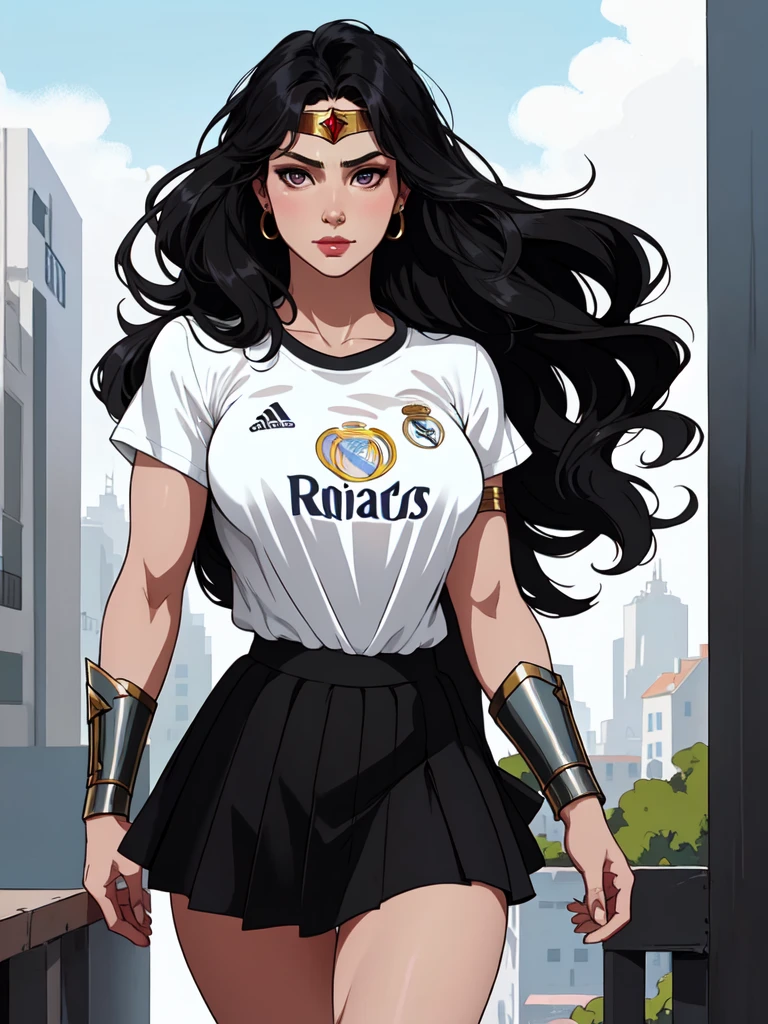 wonder woman, ((wearing a white Real Madrid tshirt)), (pretty face:1.2), (finely detailed face and beautiful eyes), mature female, muscle, bare hands, (armlet, skirt, bracer, head ring ), (black eyes, black long hair, messy hair, floating hair), ((white Real Madrid tshirt)), (long proportional legs), (best quality:1.1),(city background:1.2), dark_fantasy, wind, 35mm lens, f/1.4, 8K, ((masterpiece)), trending on Artstation, DeviantArt, Mucha, Rutkowski, artgerm