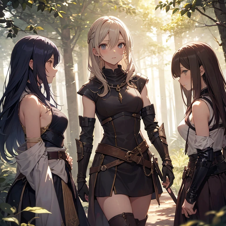 A group of  female medieval fantasy adventurers, (in forest), various hair styles, harem, night, details face, short skirt, seducing, sleeveless, armor 