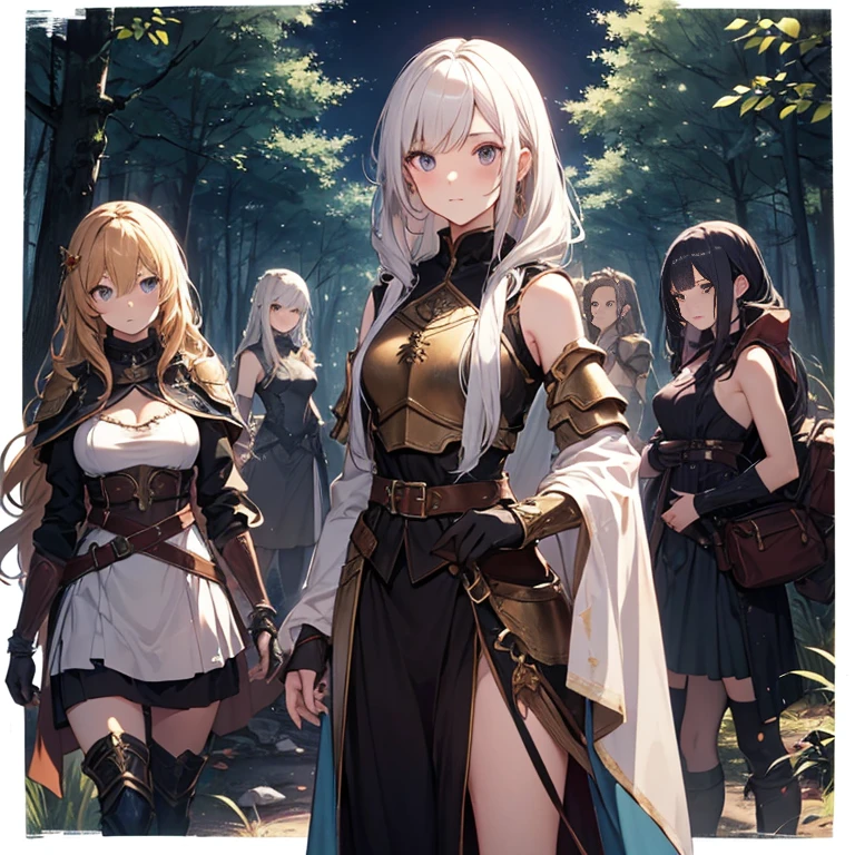 A group of female medieval fantasy adventurers, (in forest), various hair styles, harem, night, details face, short skirt, seducing, sleeveless, armor