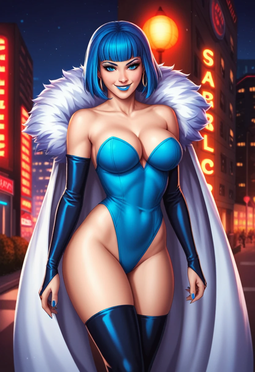 KillerFrost,short dark blue hair, solo, blue eyes, blue lips,  
KFattire,elbow gloves,thighhighs,fur trim,bridal gauntlets,thighs,boots,detached sleeves,blue leotard,collarbone, 
standing, upper body,  evil smile,  midriff,  cleavage, white  cape, 
ice  park,  Gotham city,  night, 
(insanely detailed, beautiful detailed face, masterpiece, best quality)  