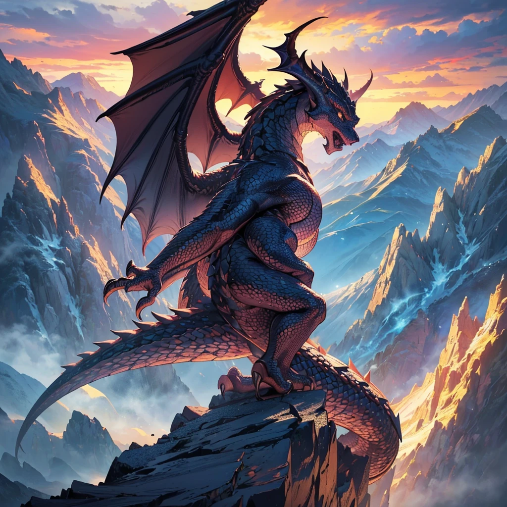 a dragon flying over mountains, detailed dragon scales, detailed dragon anatomy, detailed dragon eyes, detailed dragon wings, dramatic lighting, dynamic pose, fantasy landscape, mountainous terrain, dramatic clouds, cinematic composition, vibrant colors, (best quality,4k,8k,highres,masterpiece:1.2),ultra-detailed,(realistic,photorealistic,photo-realistic:1.37)