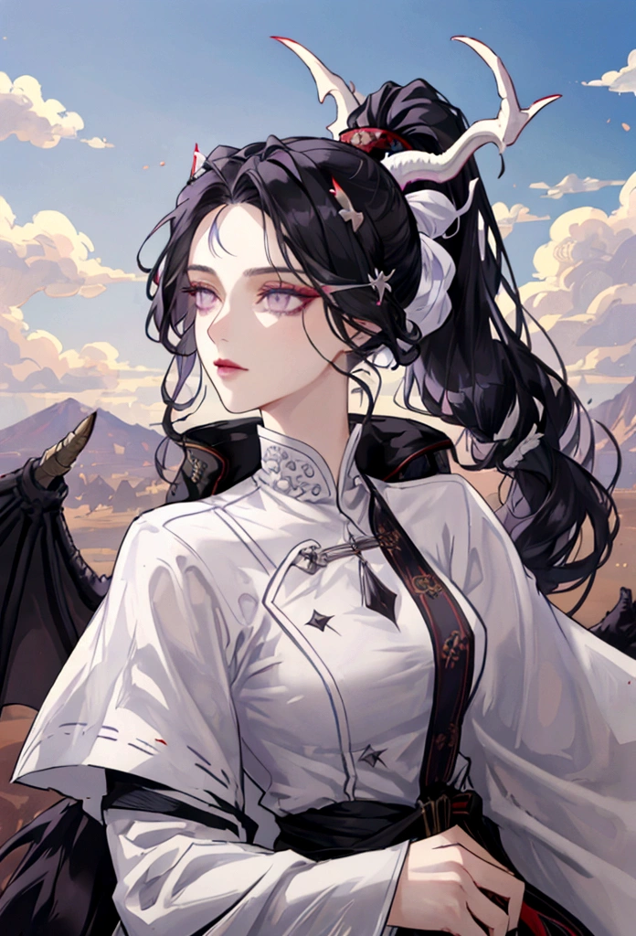 An adult tall woman, a war goddess, black hair with gray streaks, high ponytail, purple eyes, divine light, open white clothes, indifferent gaze, lipstick, dragon horns and tail, spears, reference, full height, phoenix