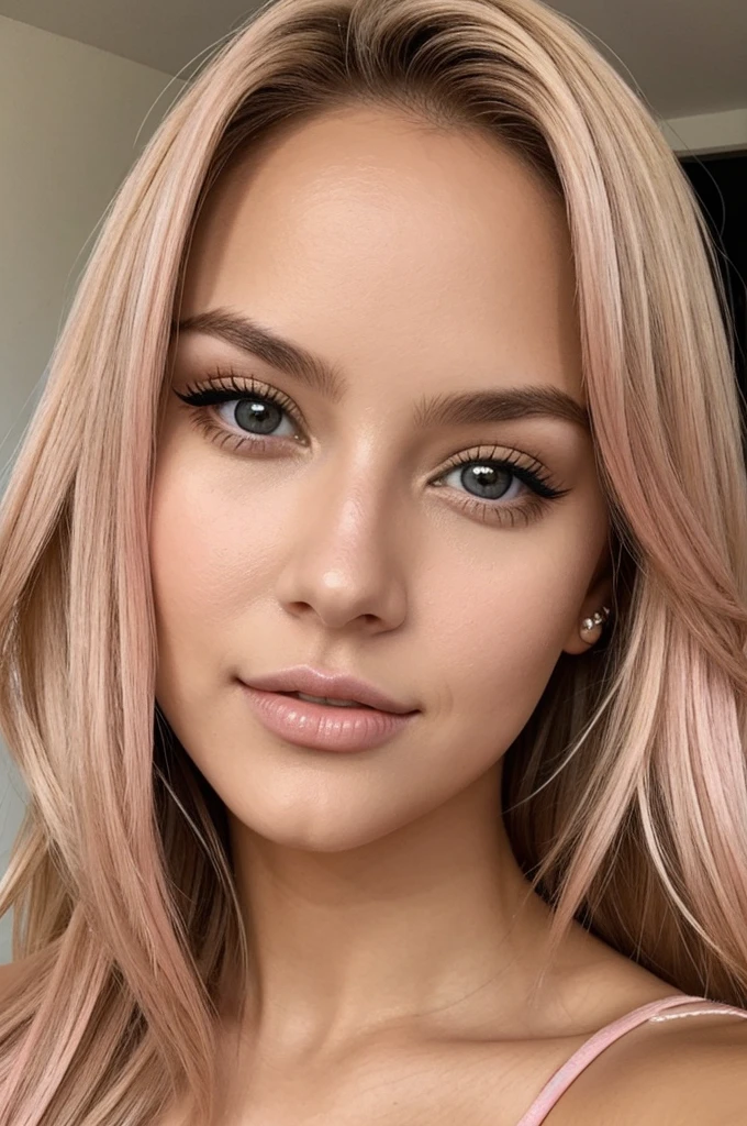 Blonde woman 25 years old brown eyes pink lips very attractive in selfie mode 