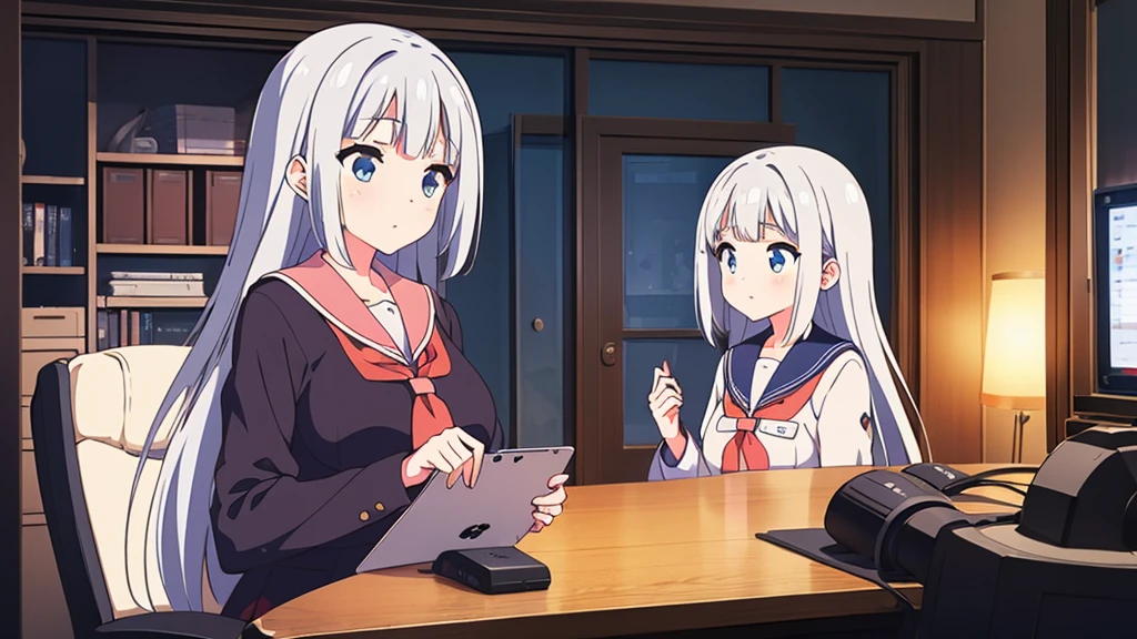 1 beautiful girl, great image quality with lots of detail, ray tracing, in a navy sailor , long stockings, blue eyes, white hair, , in a neon room, PC gaming, perfect anatomy,