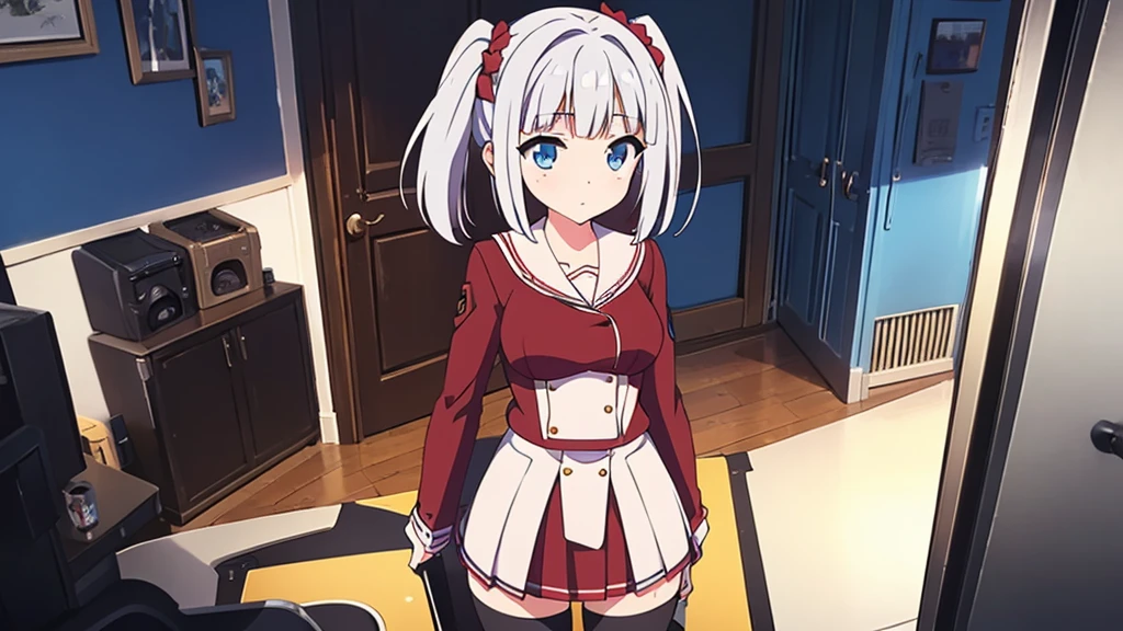 1 beautiful girl, great image quality with lots of detail, ray tracing, in a navy sailor , long stockings, blue eyes, white hair, , in a neon room, PC gaming, perfect anatomy,