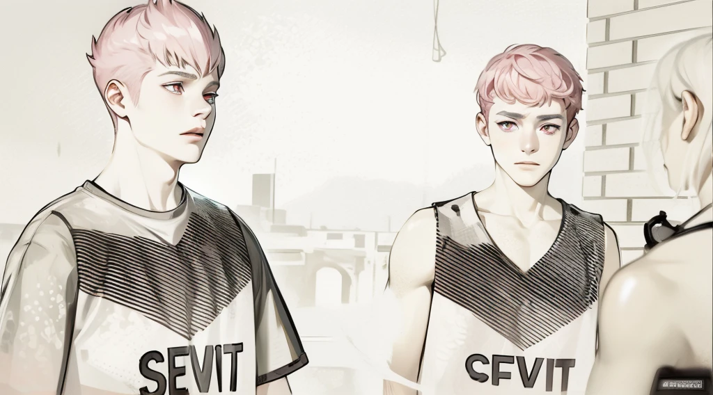 two boys with pink hair, pink eyes, they are 18 years old, in the background you can see the avenue with vehicles passing by.