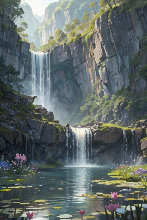 small secluded area inside rock walls, entirely cut off from the world, waterfall falling into a pond, godrays, patches of vibrant flowers in the grass