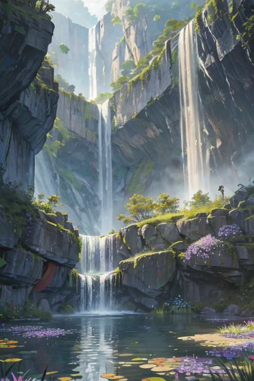 small secluded area inside rock walls, entirely cut off from the world, waterfall falling into a pond, godrays, patches of vibrant flowers in the grass