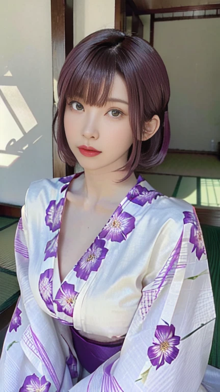 the same,
One Woman,
Purple Hair,
(Short Hair.05),Ashime,straight,
((Flower Hair Ornaments)),
Natural skin texture,Big ,Narrow waist,
Pink Lipstick,
black,Long-sleeved kimono,Kimono,Hakama,
temple,Outdoor,flower bed,
Slightly larger breasts,expression(Puzzled),Healthy attitude,
Closed Mouth,blush,from the front,forward leaning posture,
Squint your eyes,
Natural depiction,
Beautiful depiction,
Shiny eyes,
Healthy Body,
Natural hairstyle,
Natural body contours,
Natural facial contours,
Sharp eyelid depiction,
Keep the subject in the center,
Beautiful image quality,Delicate shades,4K,Very detailed,Delicate light adjustment,Delicate contour drawing,