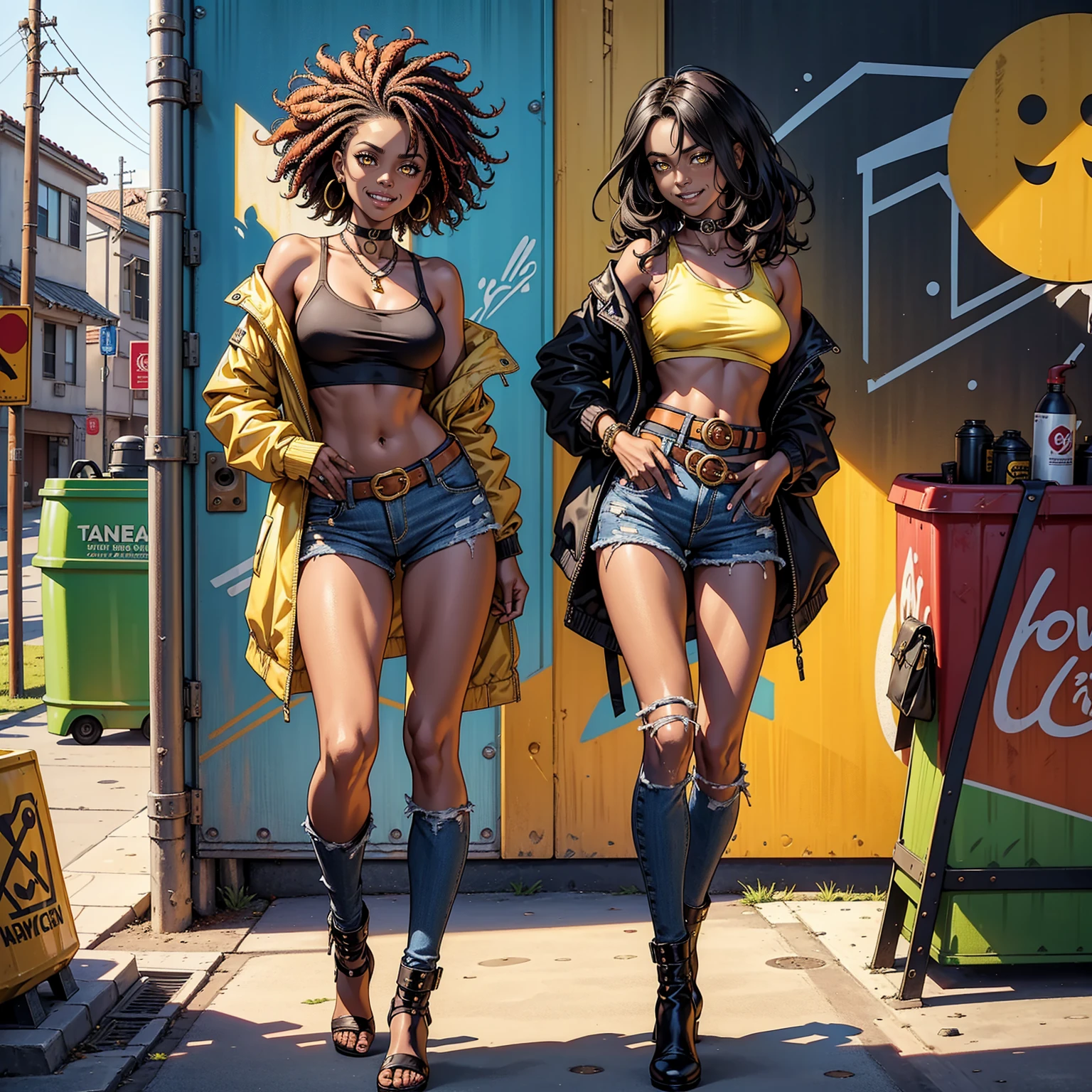 Masterpiece, Ultra extremely detailed, Insanely Definition - quality, 8k, (vibrant colors,vibrant theme), (intricate), full body , NSFW black woman solo, beautiful, look and smile sexy, Smile open, Mouth open, Canines out, afro hair, black skin, dark skin, medium breasts, medium chest, thin waist, wide hip, ripped jean shorts, open loose shirt, yellow eyes, Oversized jacket, Mini Underboob tee, open navel, thin waist, jeans, with buckle belt, In The Graffiti Alley, Garbage Container, Outdoor Stairs, Outdoor Unit, Holding Spray Can, Standing, African Ethnicity