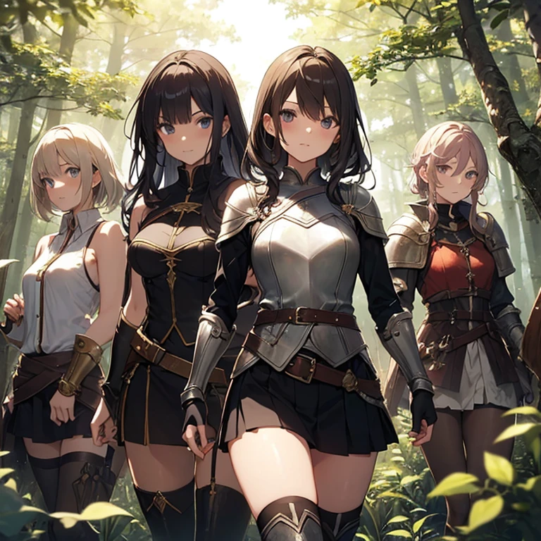 A group of female medieval fantasy adventurers, (in forest), various hair styles, harem, night, details face, short skirt, seducing, sleeveless, armor