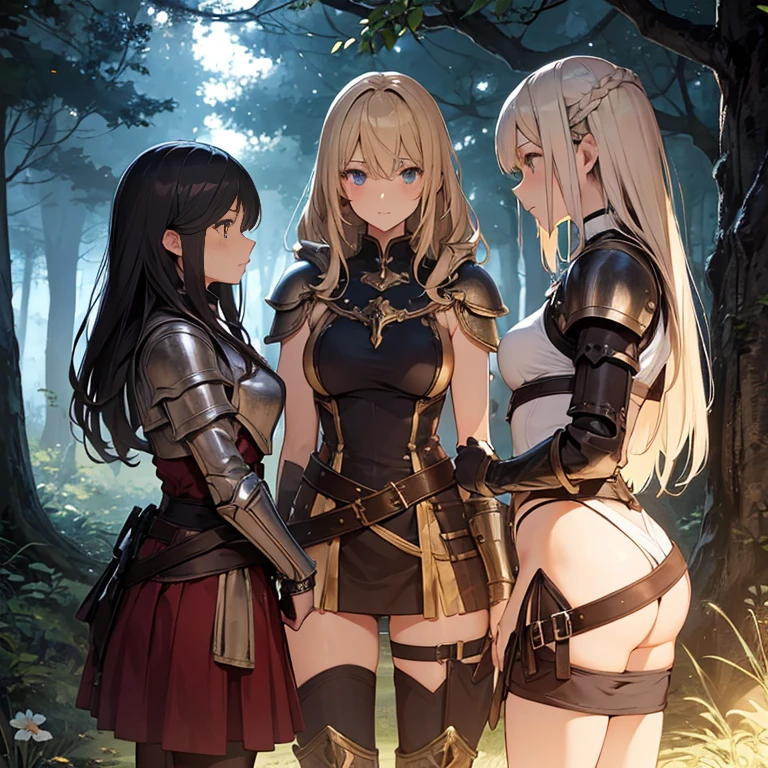 A group of  female medieval fantasy adventurers, (in forest), various hair styles, harem, night, details face, short skirt, seducing, sleeveless, armor 