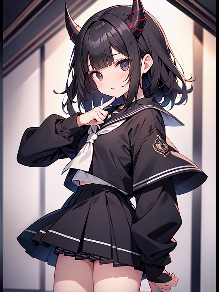 1girl, Black Hair, Blunt Bangs, medium hair, straight hair, knives-like horns, cowboy shot, black eyes, High school girls, Sailor suit,