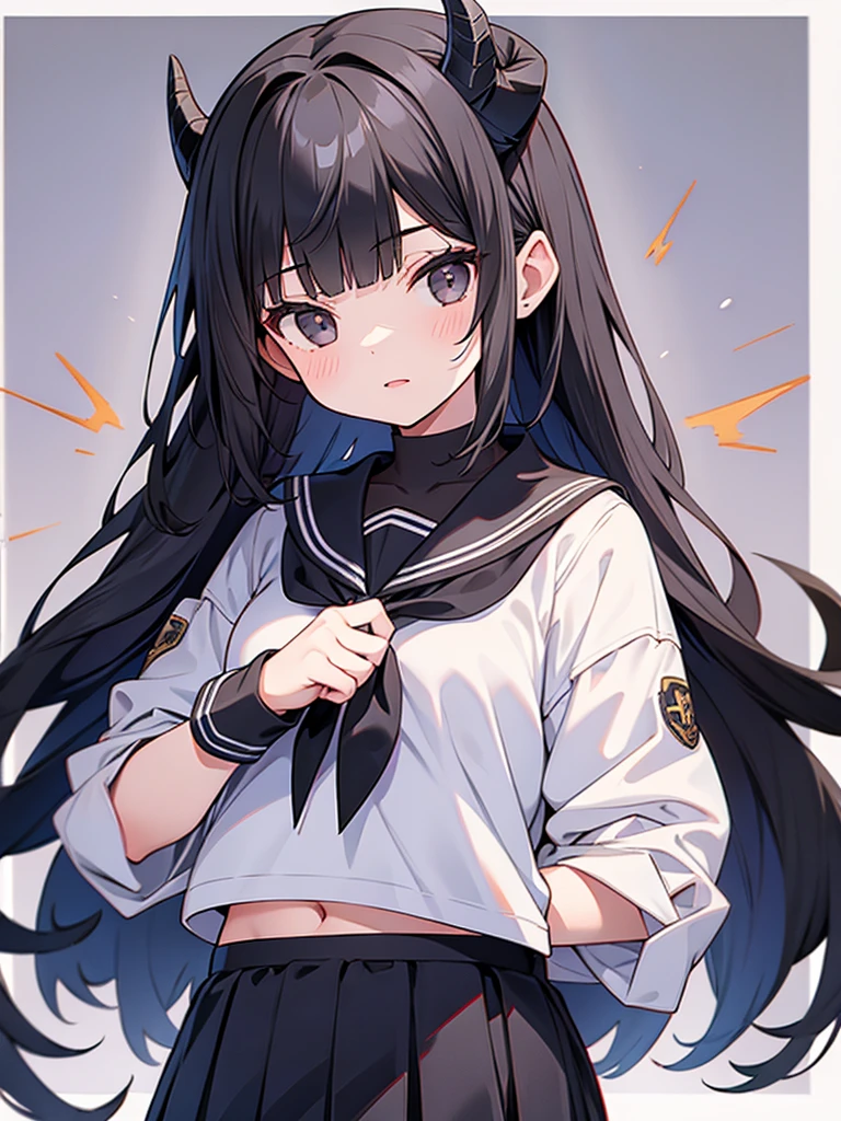 1girl, Black Hair, Blunt Bangs, medium hair, straight hair, knives-like horns, cowboy shot, black eyes, High school girls, Sailor suit, 