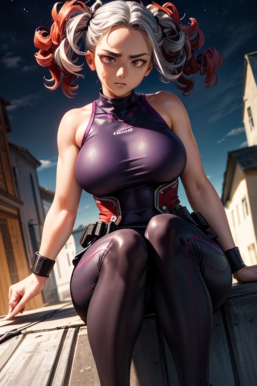 (Very detailed,Highest quality,4K,8K,High resolution,masterpiece:1.2),(Perfect hands,Perfect Legs),(Realistic,photoRealistic,photo-Realistic:1.37),One Woman,Nagant,Calm expression,Beautiful Face,(((Purple Red Medium Perm))),
((Black sleeveless wetsuit top)),((Black long skirt)),(((Silver leggings worn from the knee down))),

Beautifully detailed sweat glands,Smooth skin texture,Carefully drawn,(Big Breasts),Sticky with sweat,In a dynamic pose,

My Hero Academia,Outdoor,rooftop,night,
