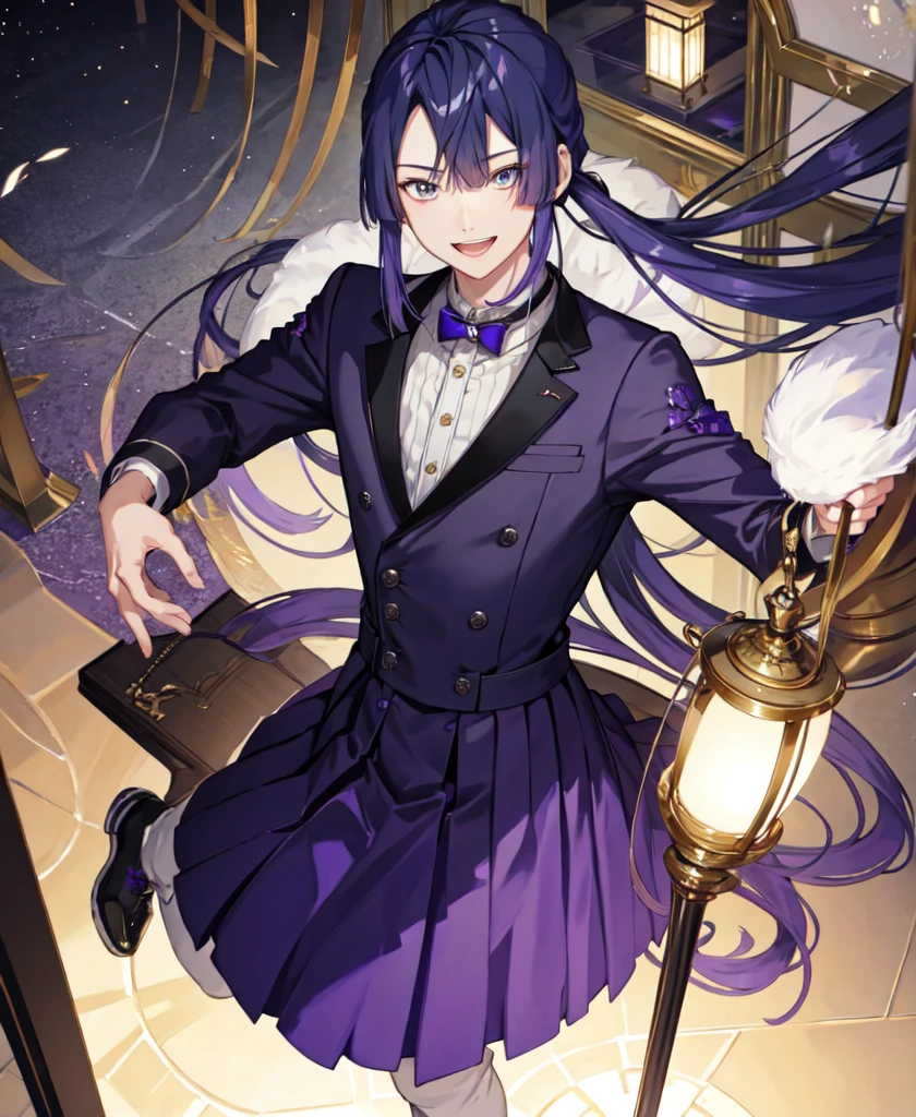 Nagao_Kei, 1boy, male focus, long sleeves, looking at viewer, portrait, happy, smiling, a elegant staircase in a historic mansion, (masterpiece, best quality, detailed:1.3)
