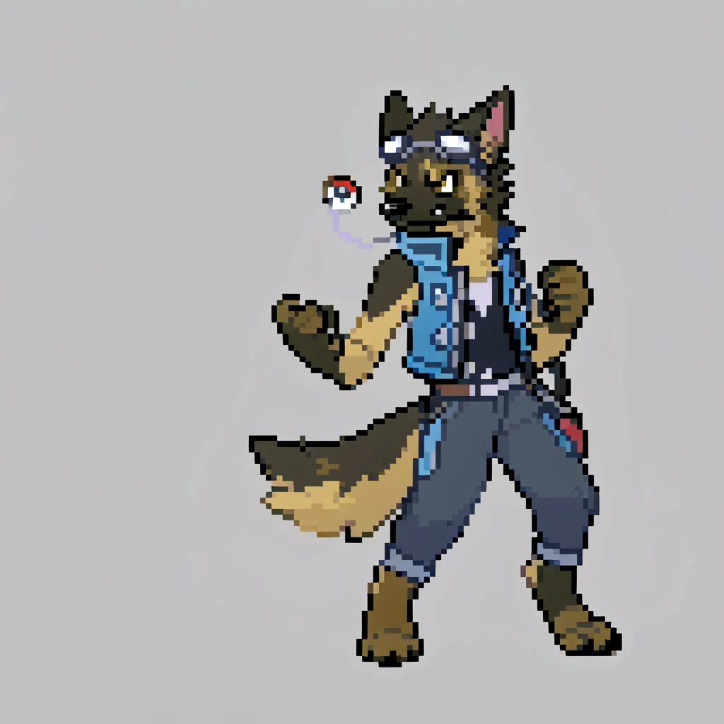 canid, canine, canis, mammal, mythological_canine, were, werecanid, werecanine, german_shepherd, brown_black_fur, brown_black_body, black_nose, brown_backpack, blue_vest, black_jacket, pilot_goggles, pokéball_keychain, left_fist_in_air, dark_jeans, standing, male, fingers, fluffy, fluffy_tail, fur, thin_anthro, full_body, solo, digital_media_(artwork), hi_res, masterpiece,