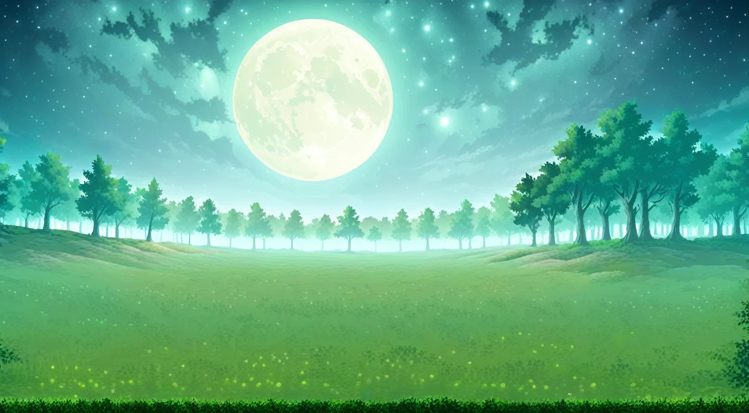 Side view of a forest battleback, background, clean and plain floor, medieval forest battleback, at night, good moonlight, side-view, masterpiece, trees in background