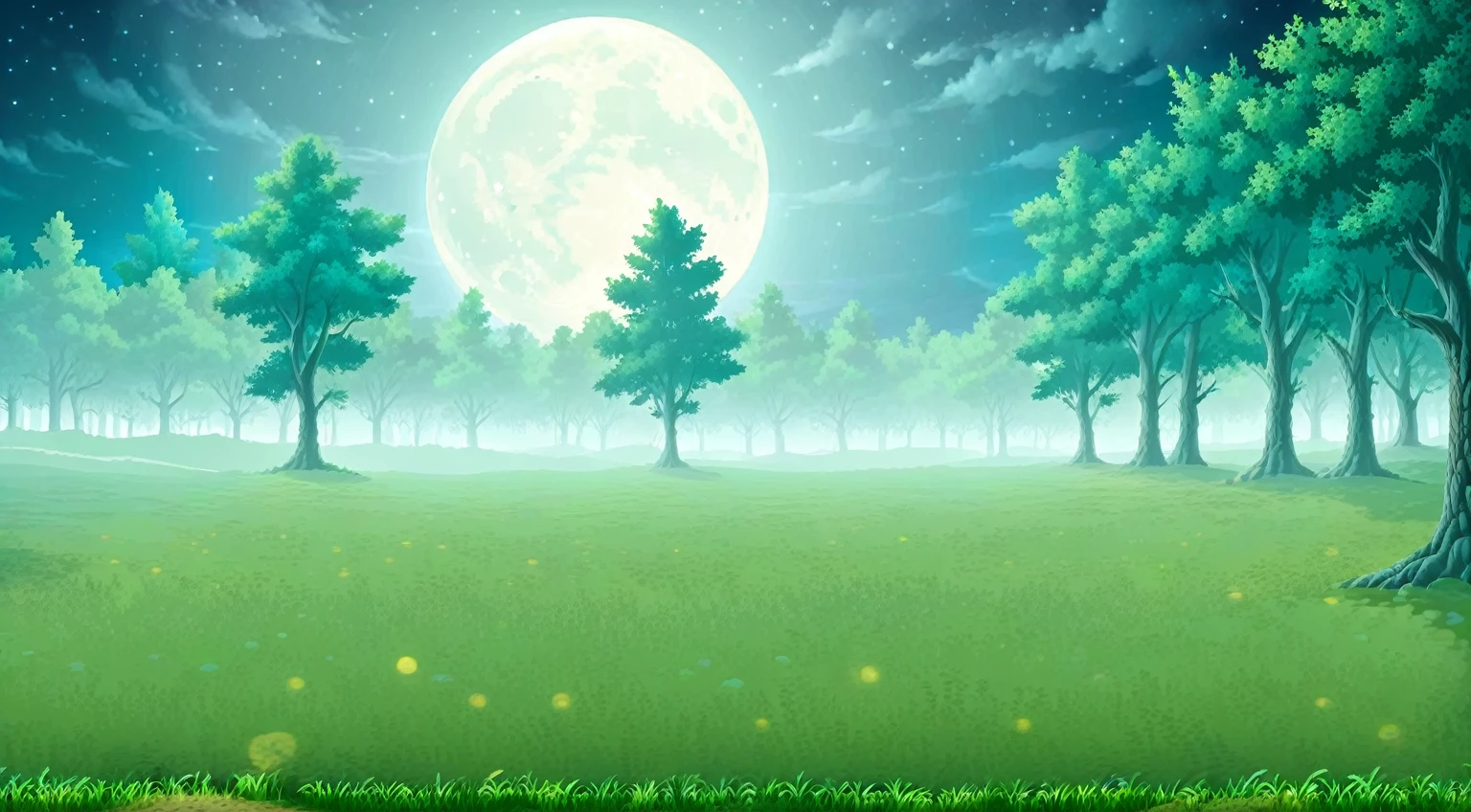 Side view of a forest battleback, background, clean and plain floor, medieval forest battleback, at night, good moonlight, side-view, masterpiece, trees in background