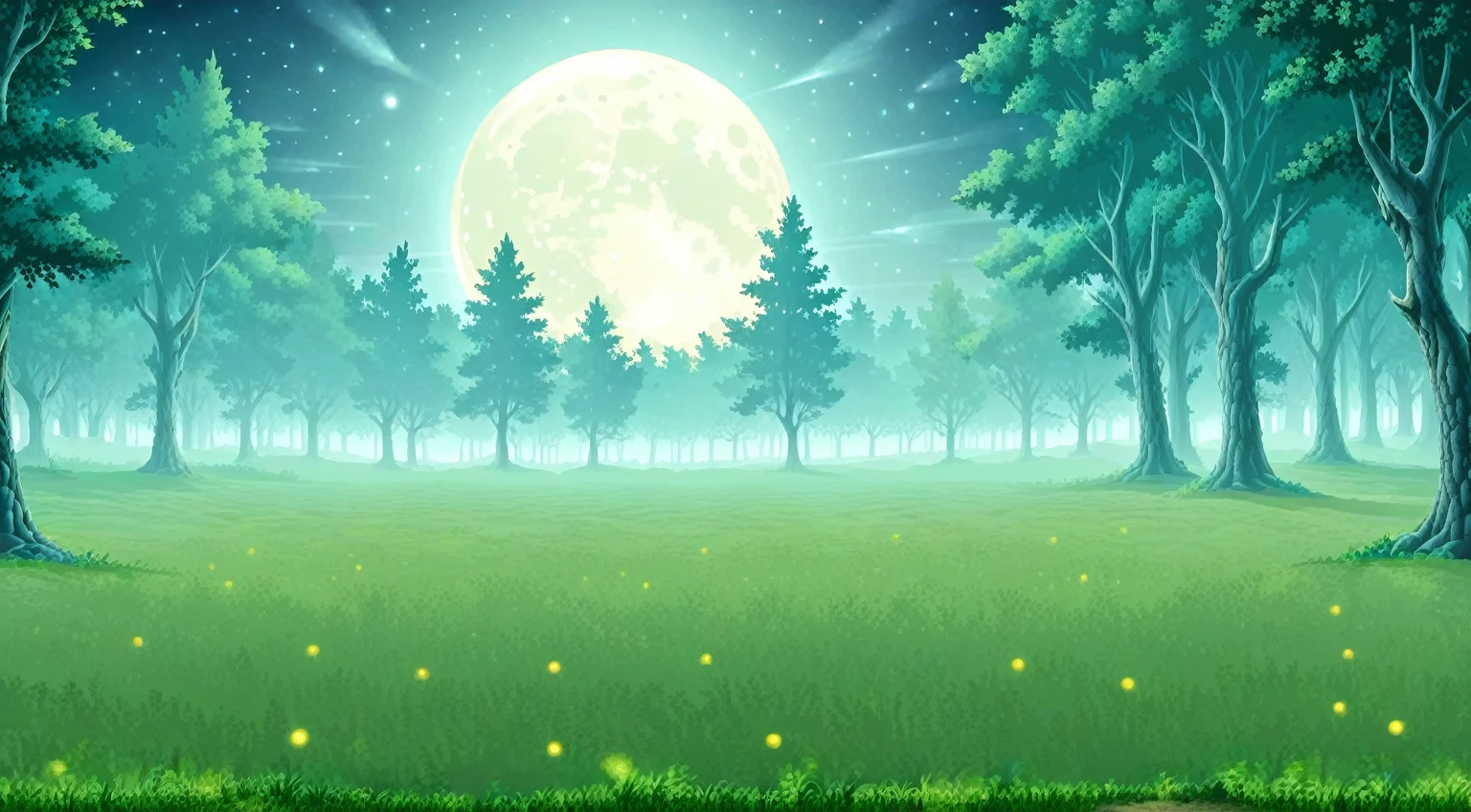 Side view of a forest battleback, background, clean and plain floor, medieval forest battleback, at night, good moonlight, side-view, masterpiece, trees in background