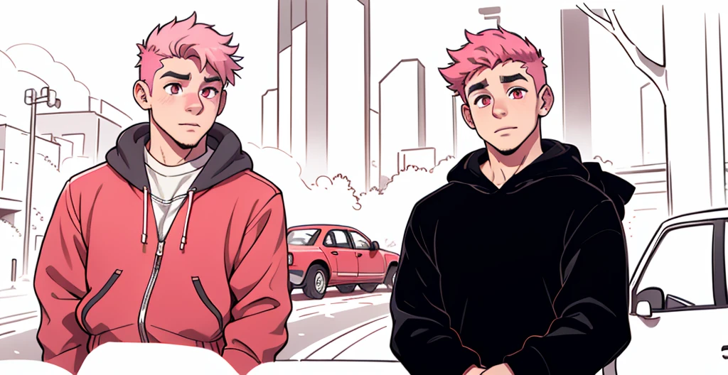 two boys with pink hair, pink eyes, they are 18 years old, in the background you can see the avenue with vehicles passing by.