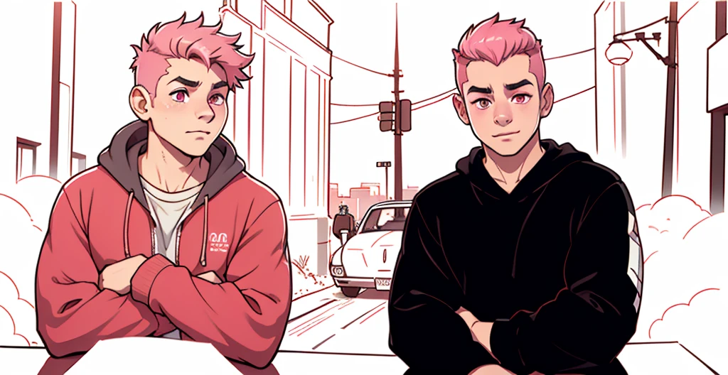 two boys with pink hair, pink eyes, they are 18 years old, in the background you can see the avenue with vehicles passing by.