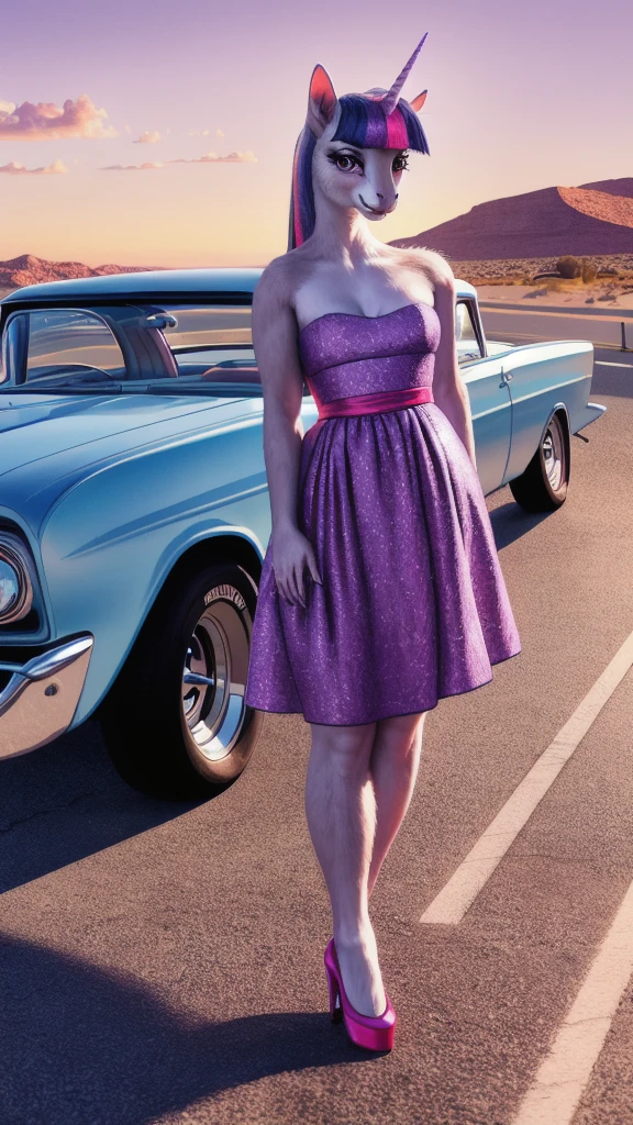 1girl,anthro unicorn pony,twilight sparkle, light purple fur,pink strapless dress,historic route 66, road, arizona,pink and white 1959 chevy bel air,detailed hands and feet,high heels,vivid colors,studio lighting,extreme detail description,(best quality,4k,8k,highres,masterpiece:1.2),ultra-detailed,(realistic,photorealistic,photo-realistic:1.37)