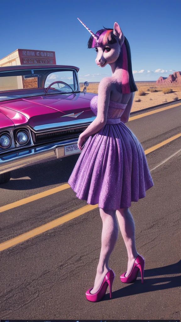 1girl,anthro unicorn pony,twilight sparkle, light purple fur,pink strapless dress,historic route 66, road, arizona,pink and white 1959 chevy bel air,detailed hands and feet,high heels,vivid colors,studio lighting,extreme detail description,(best quality,4k,8k,highres,masterpiece:1.2),ultra-detailed,(realistic,photorealistic,photo-realistic:1.37)