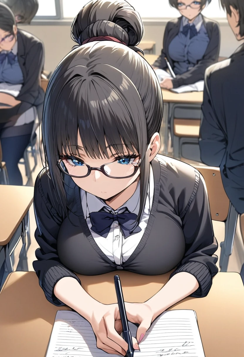 Adult female, highly detailed, glasses, short and messy black hair tied back, blue eyes with black pupils, focused, college classroom during lecture, black cardigan, perfect eyes, expressive eyes, high quality, walking, busty, sitting, writing one-handed, expressionless, mysterious, above