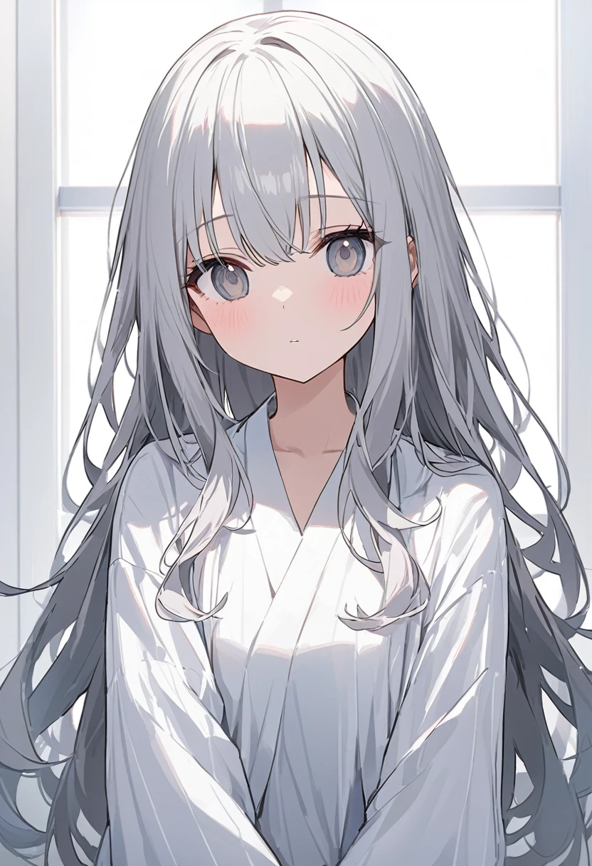 ((((tanned skin)))), ((((grey color hair))), long curly twin-tail hair with tousled ends, messy bangs that show forehead. Large, beautiful yellow eyes. Mom、Mother、rattle、smile。