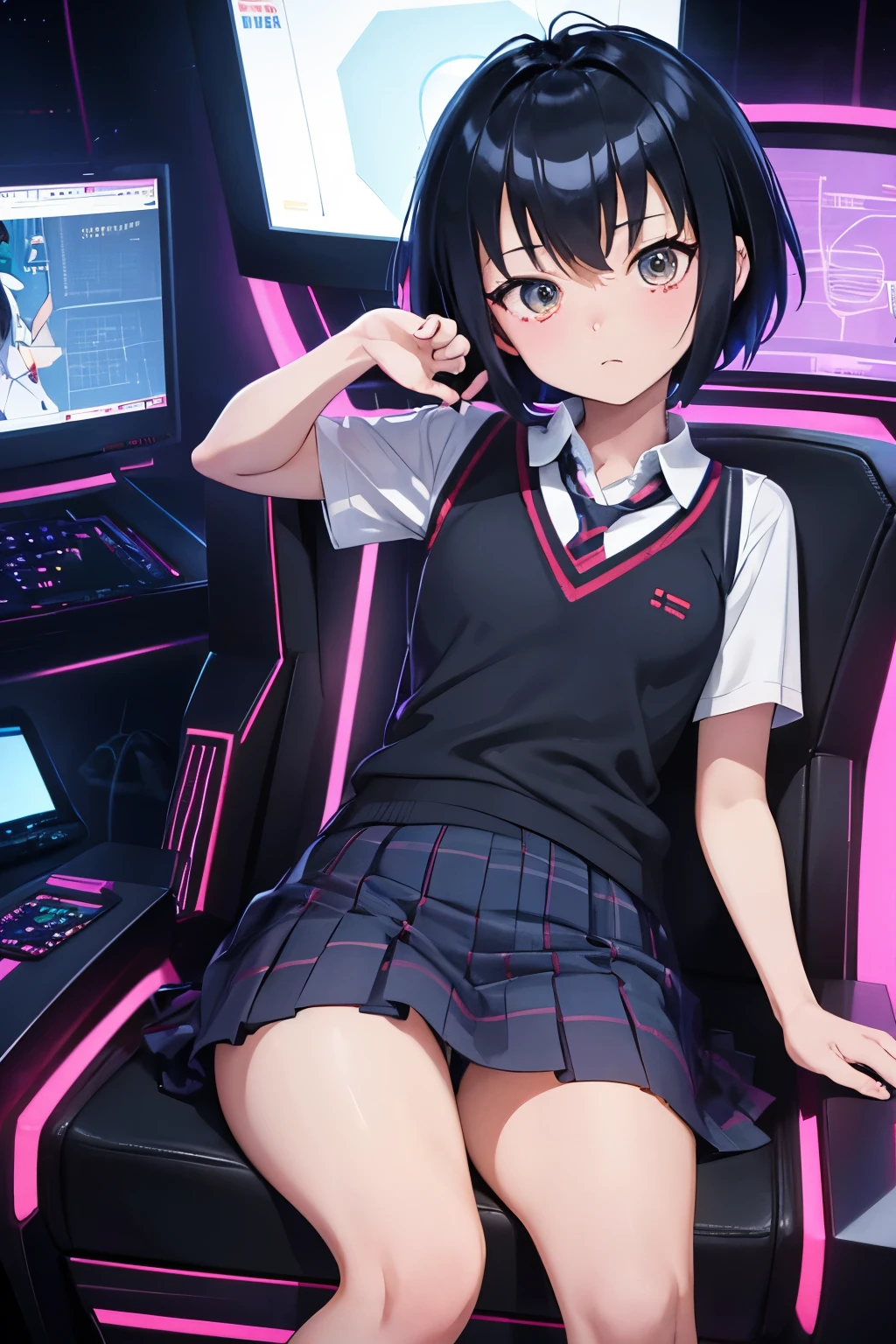 anime girl ,peni parker , looking disgusted , seios planos , sitting in an armchair in a booth , olographic panel olographic monitors ,olographic graphics , cyberpunk, control center de mecha ,blue light , pilotando , working with olographic panel, mini-skirt, visible pantie. 