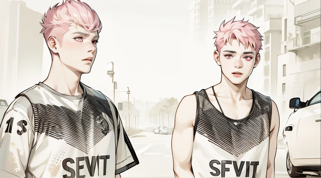 two boys with pink hair, pink eyes, they are 18 years old, in the background you can see the avenue with vehicles passing by.