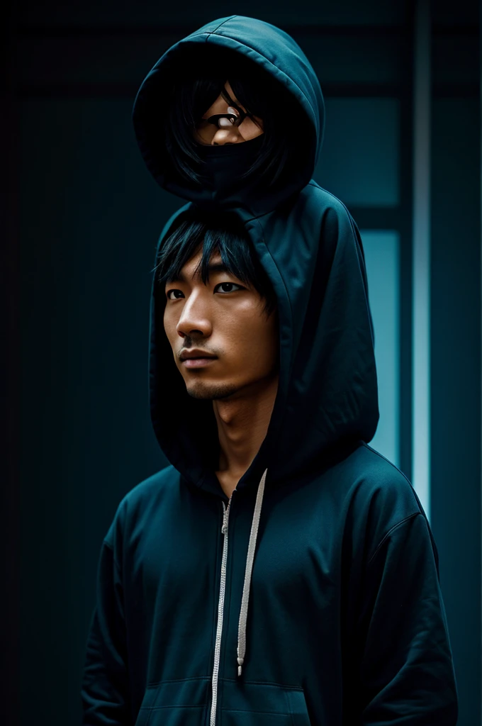 Anime, man with hoodie, dark background, japan, sci-fi, futuristic
